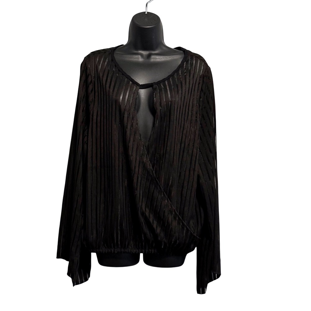 Cacia Black Sheer Pleated Surplice Wrap Blouse Keyhole Long Sleeve Top 2X